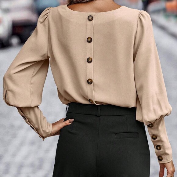 tan Elegant Women's Button Back detailed Blouse - Picture 5 of 5